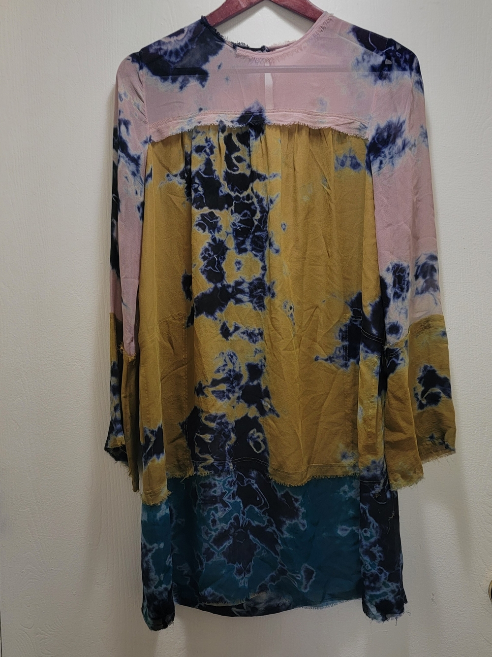 Raquel Allegra Silk Tie-Dye Midi Dress in Mustard, Pink & Teal